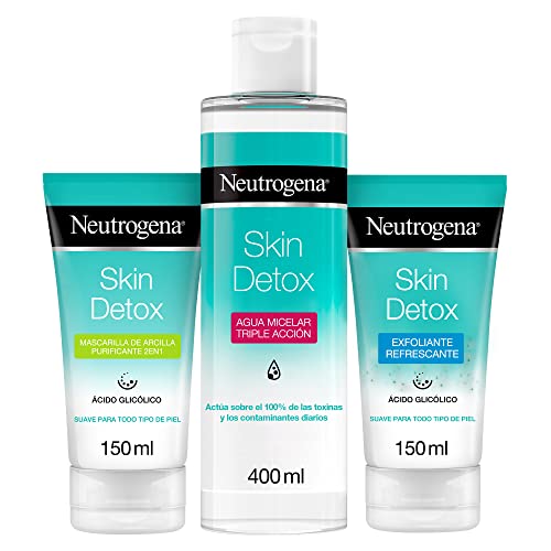 Neutrogena - Rutina Skin Detox, Gel Exfoliante Refrescante, Agua Micelar Triple Acción, Mascarilla de Arcilla Purificante 2 en 1, Ácido Glicólico, Pack de 3 unidades