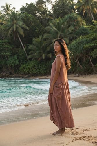 Image of Thaluta Women's Boho Cotton Sleeveless Dress Casual Loose Fit Maxi Dress with Big Pockets Fair Trade Light Summer Sundress