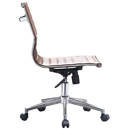 2Xhome - Mid Back Height Modern Office Chair, Armless Ribbed Pu Leather Seat With Swivel Tilt Adjustable Chrome Base - Executive Conference Room Task Chair (Brown) #TOP5