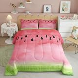 Watermelon Comforter Set Queen,Watercolor Tie Dye Bedding Set 3pcs for Kids Teens Adults Room Decor,Pink Green Summer Fruit Quilt Set Modern Plants Duvet Insert with 2 Pillowcases