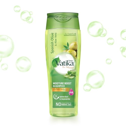 Image of Dabur Vatika Bio-Infusions Moisture Boost Shampoo | Spanish Olive & Aloe Vera | 2% Plant Hyaluron + Hyaluronic Acid | 72 Hrs Hydration Boost | Deep Moisture & Natural Shine | No Added Salt | For Dry & Dehydrated Hair