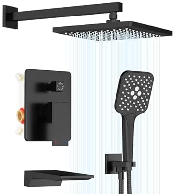 Gabrylly Shower System with Tub Spout, Wall Mounted Tub Shower Faucet Set for Bathroom with High Pressure 10" Rain Shower head and 3-Setting Handheld Shower Head Set,Matte Black