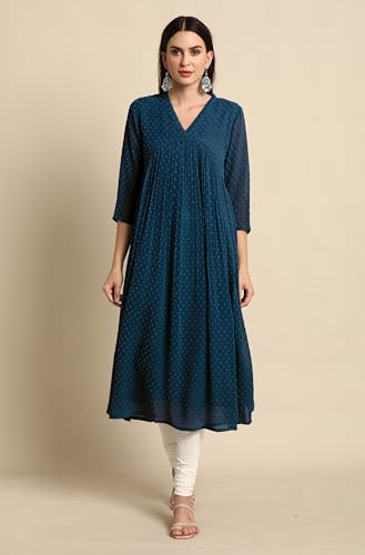 Image of Janasya Women's Dobby Chiffon Self Design Flared Kurta