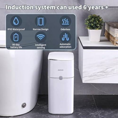 Image of MOPUP Bathroom Trash Can, Automatic Bagging Garbage Can, 3.5 Gallon Slim Smart Small Plastic Trash Bin, Narrow Motion Sensor Trash Can for Bedroom, Office White