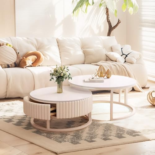 GonTzolkin Lot De 2 Tables Basses Blanches Gigognes Rondes avec Rangement - Marbre et Cadre Robuste en Métal - Moderne et Extensible pour Salon et Bureau