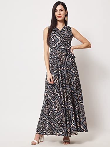 Image of Rudraaksha Women's Printed Maxi Dress Sleeveless Fit & Flare Long Dress || Western Dress for Women || Stylish Maxi Dress Dress || Summer Dress || Boho Printed Dress for Women