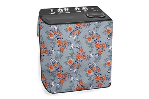 Image of The Furnishing Tree Polyester Waterproof Semi Automatic Washing Machine Cover Suitable for LG 9 Kg, 9.5 Kg & 10 Kg, Dimension DxWxH In Cms: ( 53.3x89x99 ), Floral Pattern Blue