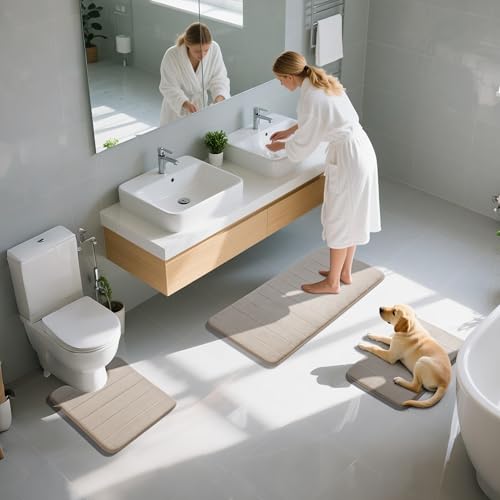 Yimobra 3 Pieces Memory Foam Bath Mat Set with U-Shaped Toilet Rug - Non Slip Super Soft Absorbent Quick Dry Bathroom Rugs for Bathtub, Vanity & Toilet Base, Beige by Yimobra - Image 7