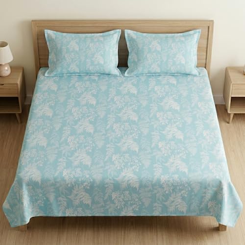 Image of Mafatlal 186 TC Metro Cotton Double Bed Bedsheet | 90x100 Inch|Soft, Breathable & Lightweight | Includes 2 Pillow Covers| Teal Shadow 1