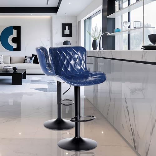 Image of Youhauchair Adjustable Faux Leather Bar Stools Set of 3, Blue1 | Swivel, Counter Height, Back & Footrest, Armless, PU, Modern, Kitchen Island Stool, Upholstered Dining Room Chair