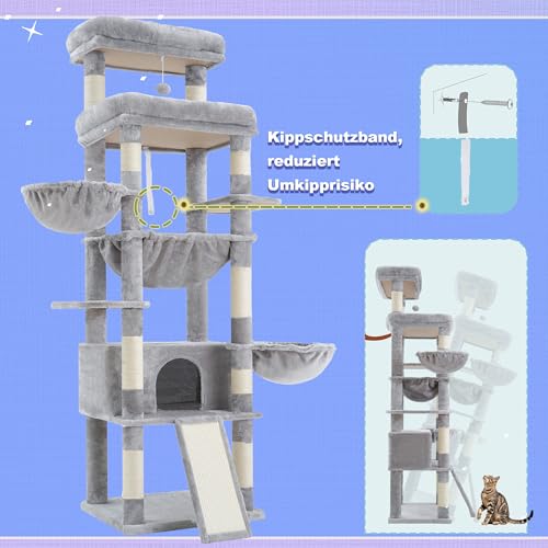 Hey-brother Kratzbaum, 182 cm hoch Katzenbaum für Großkatze, mehrstöckiger Katzenkratzbaum mit 2 Grosse liegefläche, 3 Hängematten, Höhle, 2-in-1-Sisalkratzbrett, Plüschbällen, Hellgrau EMPJ080W