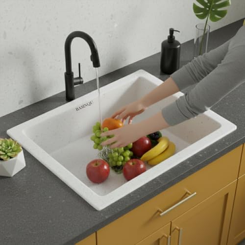 Image of BASINQU Quartz Sink for Kitchen | 21x18x9 Inches Quartz Kitchen Sink Rosa | Granite Sink For Kitchen Basin UV Protected, Granite Scratch Resistant, Undermount /Topmount Sinks