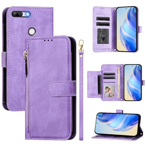 Cover Compatibile con Huawei P smart,Compatibile con Honor 9 Lite LLD-AL10 LLD-L31 / P smart FIG-LX1 FIG-LA1/LX2/LX3 Flip PU pelle zip portafoglio custodia del telefono cellulare Purple