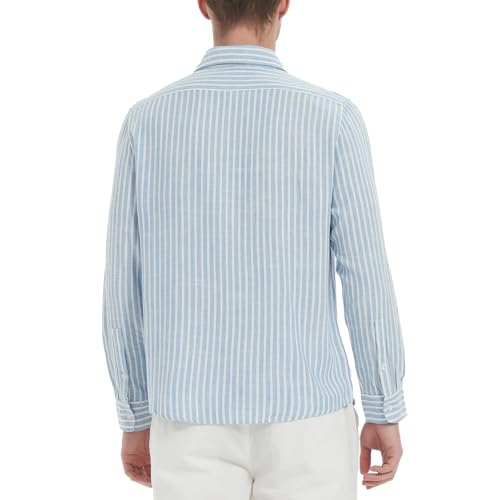 Isle Bay Linens Lightweight Breathable Linen Shirt for Men - Long Sleeve Casual Business Shirt Striped Blue Color2