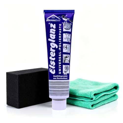 WEVOH Elsterglanz Universal Polierpaste Set Chrompflege und Metallpolitur für Edelstahl Kupfer Messing Bronze Nickel mit Polierschwamm und Mikrofasertuch (150 ml)