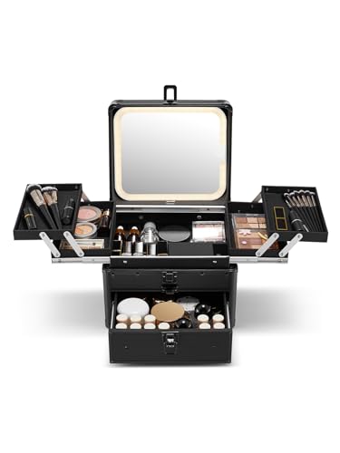 Qislee Makeup Box with Drawer and Four Trays, A Detachable Lighted Mirror, Waterproof Travel Train Case, Cosmetic Organizer and Makeup Suitcase with Magnetic LED Mirror(Black)