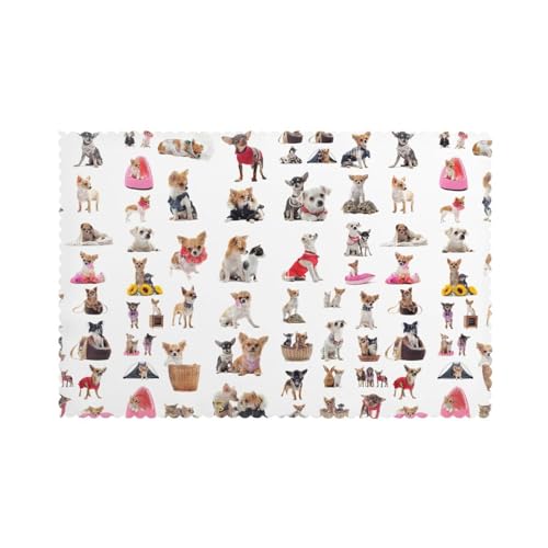 Charmante Tischsets mit Chihuahua-Mopsmuster, für Esstisch, hochtemperaturbeständig, rutschfeste Matten, leicht zu reinigen, 30 x 45 cm, 6 Stück
