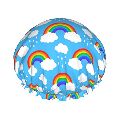 Rainbow Clouds レインドロップ シャワーキャップ 二重構造 防水 お風呂 シャワーハット 再利用可能 伸縮性 ヘアキャップ