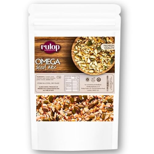 Rulop Omega Seed Mix 1kg 5 Super Seeds: Pumpkin Sunflower Linseed Flaxseed & Sesame High in Omega 3 & 6 Fibre & Protein Raw Natural Vegan Great for Baking Cereal & Bread