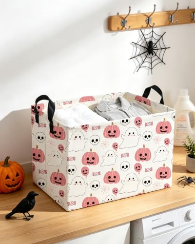 Image of Essme Rectangular Halloween Baskets,Pink Storage Box,Cute Basket for Kids Room Decor, Book Bins,Shelf Basket.(Pink Halloween