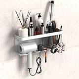YIHOFLO Hair Dryer Holder Wall Mounted Adhesive/Drilling, Hair Dryer Storage Organizer with Shelf & Hooks for Bathroom, Blow Dryer Holder, Hair Tool Organizer (White)