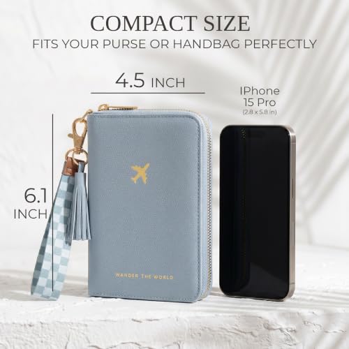 Image of Stylish Passport Holder for Travel with Detachable Wristlet Strap, Blue, 6.4 x 4.6 x 0.7 inches, Modern | All-in-one Travel Wallet Organizer for Women - Secure Money Belt Alternative with Card Slots and Tassel Keychain