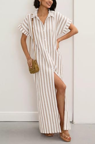 Image of chouyatou Women's Summer Short Sleeve Striped Shirt Dress Beach Maxi Long Belted Casual Button Down Dress