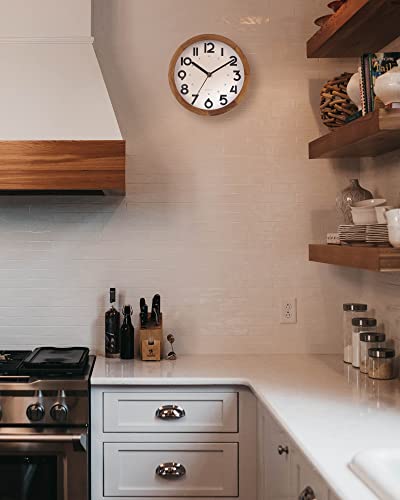 Bew Small Wall Clock, 8 Inch Retro Decorative Wooden Wall Clock, Silent Non-Ticking Analog Round Hanging Clock For Kitchen, Living Room, Bedroom, Natural Wood Finish #TOP2