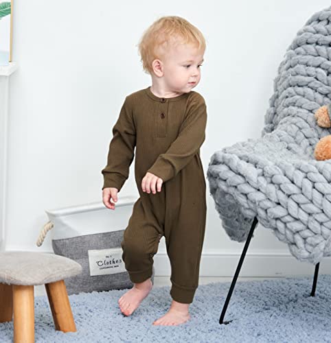 Beivslley Newborn Baby Boy Girl 2 Pack Button Solid Romper Infant Long Sleeve Knit Cotton Footless Outfits Clothes,Army Green+Yellowy,0-3M #TOP2