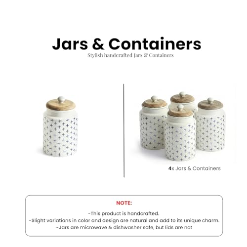 Image of ExclusiveLane 'StarMark' Airtight Ceramic Jars for Kitchen Storage (Set of 4, Each Jar Capacity : 670 ml, 18 Cm) |Ceramic Jar with Wooden Lid Salt Jars Multi-Utility Snacks Jars & Containers
