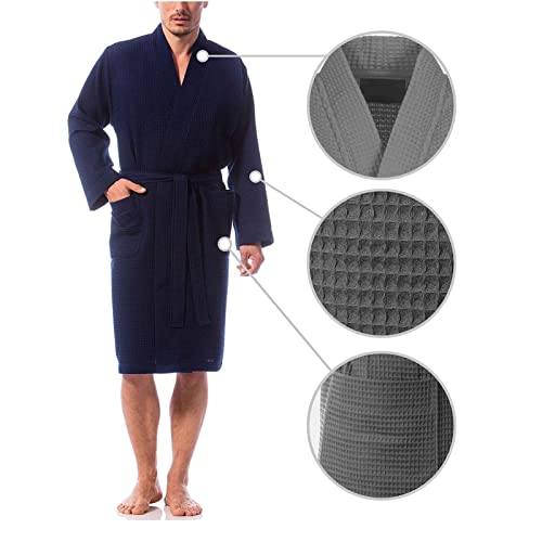 Cotton Dressing Gown Men, Waffle Kimono, Lightweight Male Robe, Perfect for Hotel Home, Lounging, Relaxation (Color : Blue, Size : X-Large)3