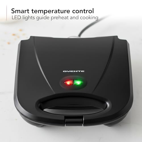 OVENTE Electric Panini Press Grill with Nonstick Plates, LED Indicator Lights, Thermostat Control, Compact Sandwich Maker Perfect for Cooking Breakfast, Steaks, Eggs Snacks & More, Copper GP0110CO