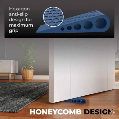 Image of Door Stoppers for Bottom of Door Premium Floor Rubber Door Stop Wedge Made in USA Heavy Duty Honeycomb Design for Carpet, Tile, Ideal for Home, School, Commercial,Blue 4 Pack