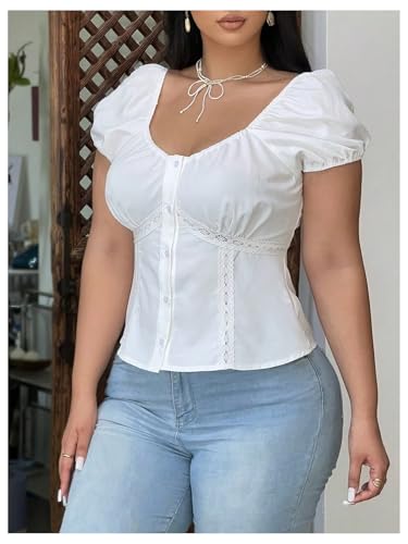 Floerns Women's Plus Size Puff Short Sleeve Button Down Shirts Lace Flare Hem Blouse Top4