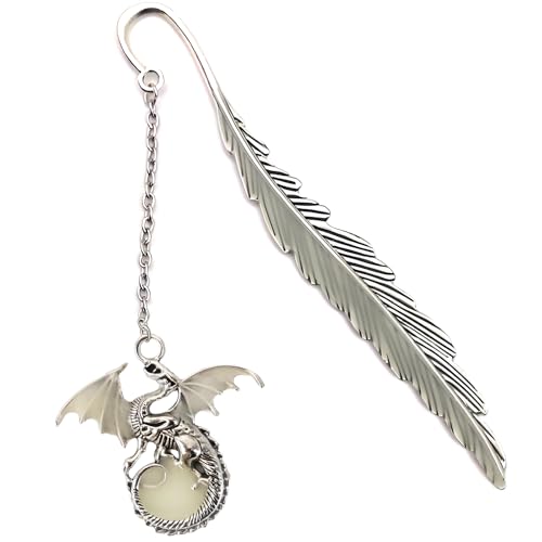 Vintage Feather Dragon Metal Bookmark, Glow in The Dark Dragon Gift, Fantasy Bookmark Gifts, Cool for Women Men, Reading Lovers (Antique Silver Dragon)