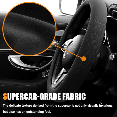 Bittwee Car Suede Steering Wheel Cover, Non-Slip Protector for Auto Steering Wheel with Grid of The Correction Marker, Breathable Universal Automotive Accessories, Fitting 14.5-15 inch