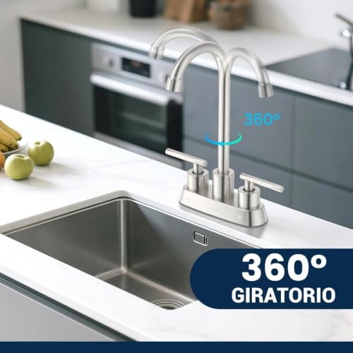Image of Commercial Bar Sink Faucet 4 Inch Center Deck Mount, Stainless Steel High Arch 2 Hole Utility Sink Faucets with Dual Lever Handles for Laundry Campers (Brushed Nickel)