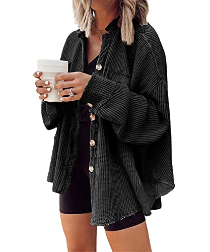 Image of ebossy Womens Long Batwing Sleeve Splicing Cardigan Lightweight Waffle Textured Boyfriend Shirt Jacket Shacket