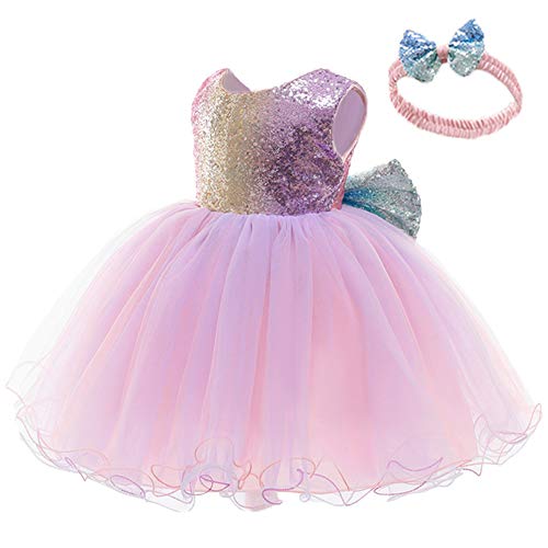 12M-6Y Baby Dress Sequins Bowknot Flower Girls Lace Wedding Pageant Tutu Gown Dresses with Headwear2