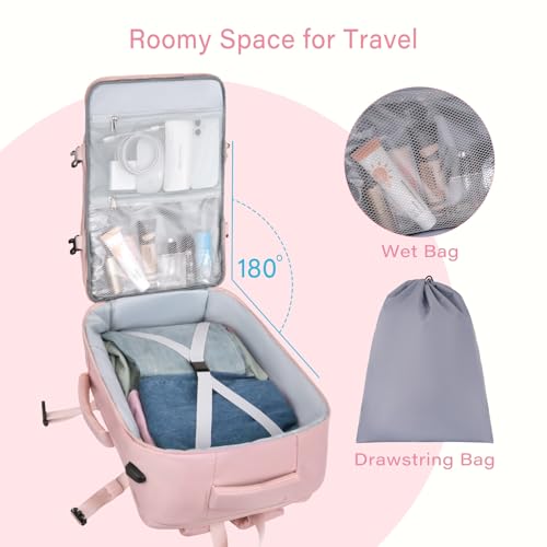MOSISO 40L Travel Backpack for Women, Rhombus Quilted Flight Approved Carry on Daypack with USB Charging Port&Drawstring Bag, 17-17.3 inch Laptop Backpack for Office Work Travel Essentials, Pink2
