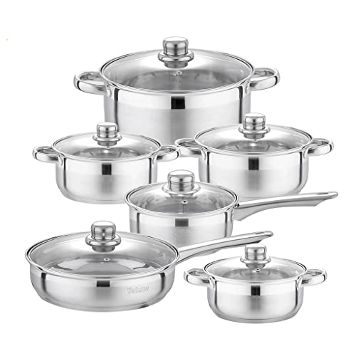 Juego de utensilios de cocina, ollas y sartenes de acero inoxidable, 12 piezas, seguro para inducción con tapas de vidrio para una cocción versátil