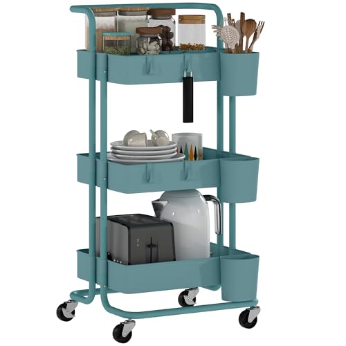 HOMCOM Carrito Auxiliar con Ruedas de 3 Niveles Carrito de Cocina con Mango 3 Cestas de Malla y 3 Cajas Colgantes Carro de Almacenamiento para Baño Salón 42x38x86,5 cm Azul Verdoso