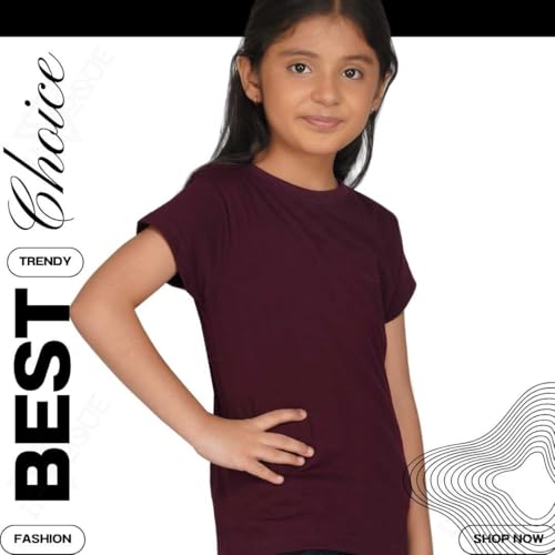Image of Kids Round Neck Girls Tshirt | Short Sleeves | Natural Organic 100% Cotton Soft Comfortable Fabric | Plain Color Original Branded Half Sleeve | School t-Shirt for Girl Kid | Sleepwear Everyday Casual