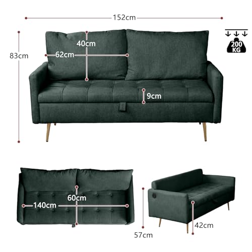 MEUBLE Cosy 2-Sitzer Sofa aus Stoff Beige mit USB-Anschlüssen und Stauraum, Massivholzrahmen, Metallfüße, Modernes Design für Wohnzimmer Schlafzimmer und Wohnung, Grün