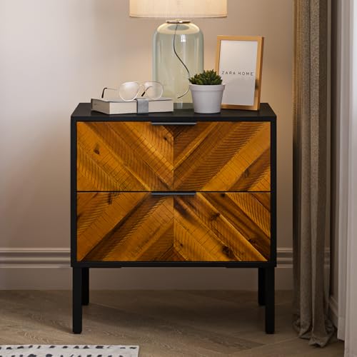Image of Bme Vivian Nightstand with 2 Drawers, Solid Acacia Wood Bedside Table, Rustic Golden Brown Mid Legacy Modern Night Stand with Storage for Bedroom, Solid Wood End Table with Metal Legs