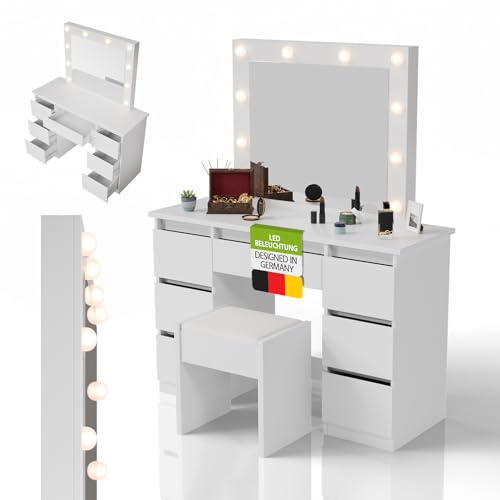 Juskys Schminktisch Talea mit LED-Spiegel und Hocker Melly, 7 Schubladen, individuelle Lichteinstellung, viel Stauraum, modernes Design, kompakt & pflegeleicht — Weiß