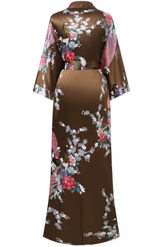 Image of BABEYOND Women's Kimono Robe Long Satin Robes with Peacock and Blossoms Printed Kimono Nightgown