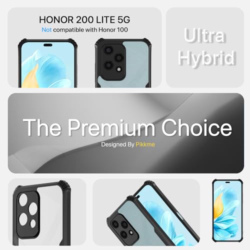 Image of Pikkme Honor 200 Lite 5G Back Cover | Crystal Clear Transparent Back | Ultra Hyrbid | Full Camera Protection | Raised Edge | Bumper Back Case (Black)