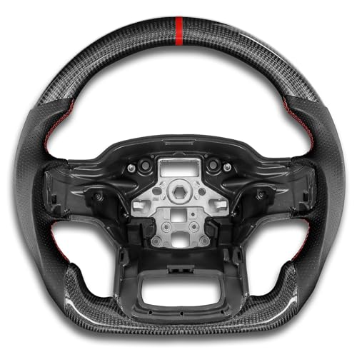 TESFEEL Carbon Fiber Steering Wheel for Ford F150 Raptor 2021-2023 D-shaped Flat-bottom Steering Wheel Preforated Leather Grip Hand-Stitched Compatible with F150&Compatible with Raptor