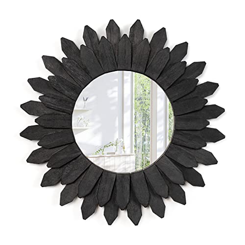 Emfogo Wall Mirror 12 inch Rustic Wood Sunburst Boho Mirror Farmhouse Wall Decor Room Decor Home Decor for Bedroom Living Room Entryway Vintage Black